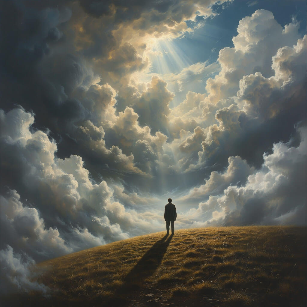 Sluneční paprsek skrz mrholení nad kopcem