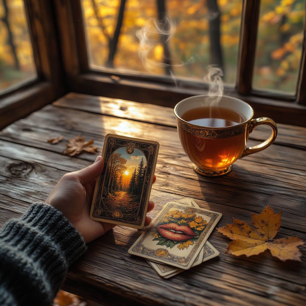 Ruka drží kartu Tarot s jenom stínem na povrchu